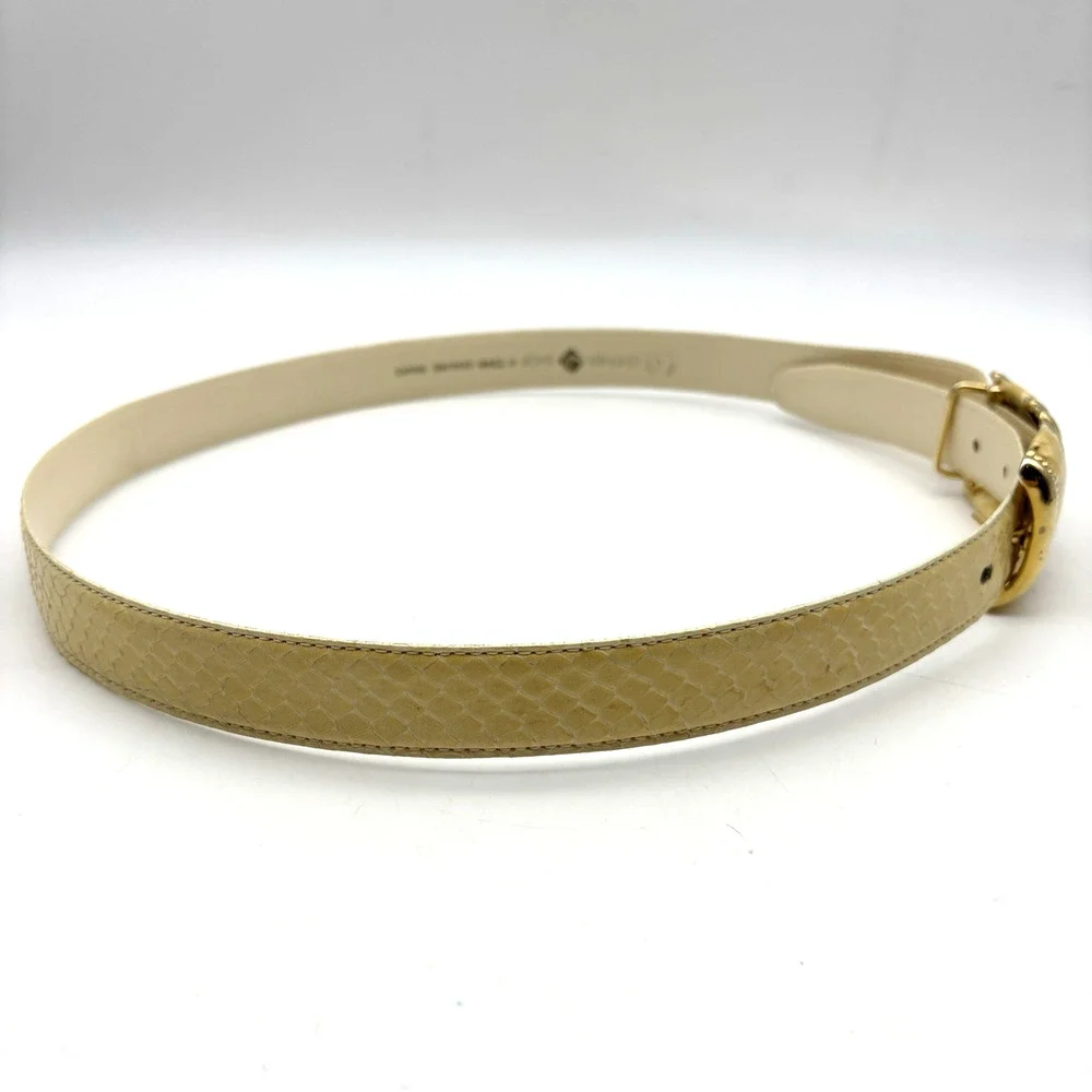 Vintage 80s Leather Shop Cream Genuine Snakeskin Leather Gold Buckle Belt L 34